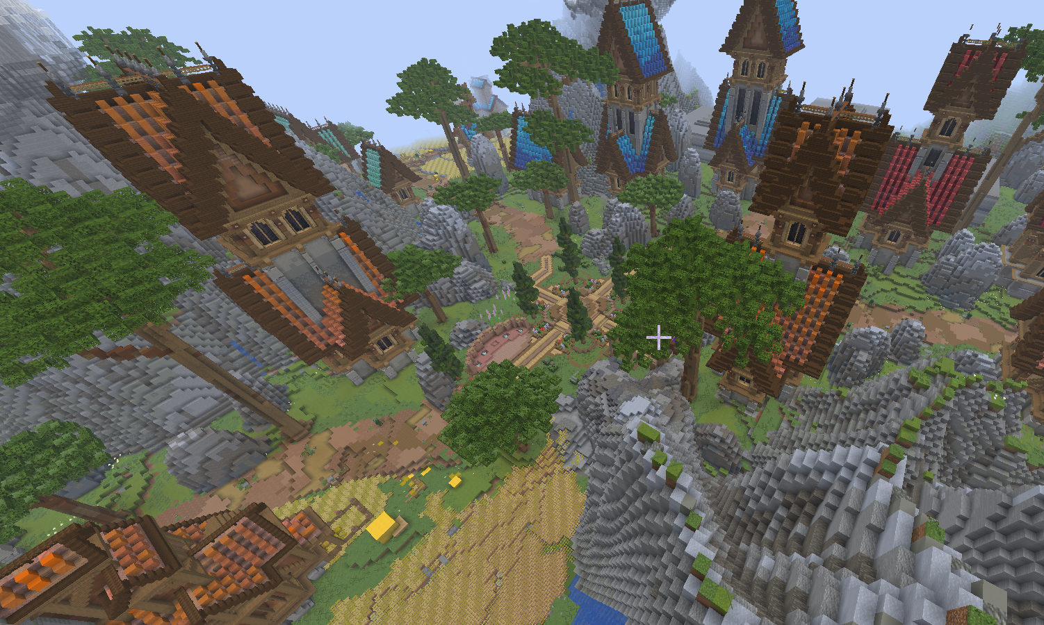 WispMC Prison spawn with towers and landscaped paths